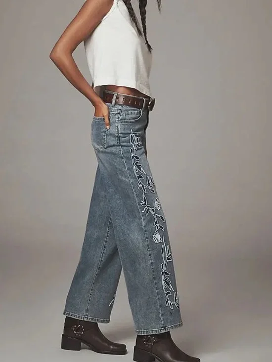 NWOT Anthropologie x Siempre Zoey Embroidered Wide Leg High Rise Jeans - Picture 3 of 8